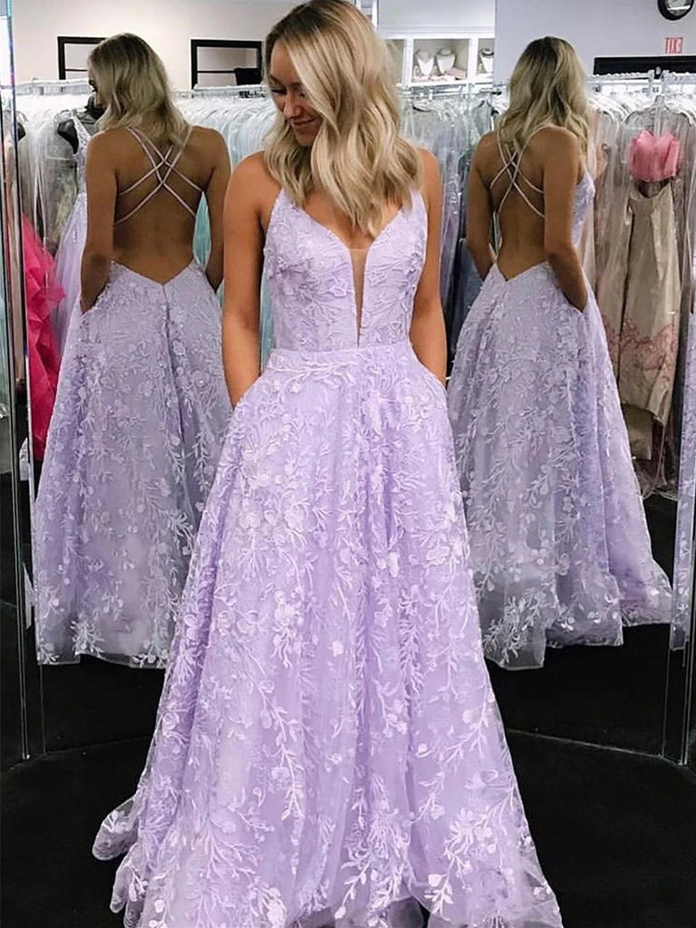 Stylish V Neck Backless Lilac Lace ...